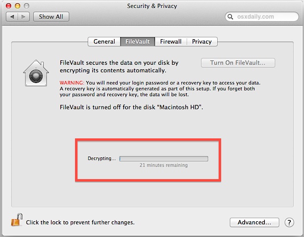 Turn off FileVault encryption
