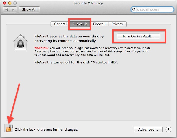 Turning on FileVault encryption