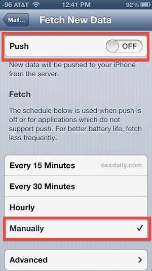 turn-push-off-fetch-manually Turn off Push and set email to Fetch Manually