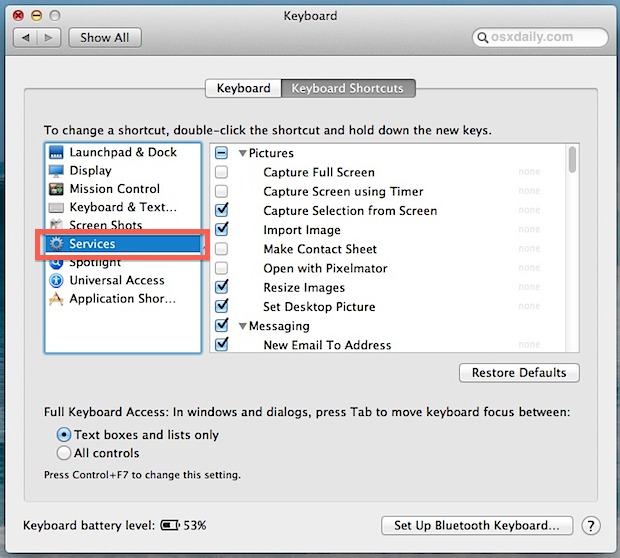 Uncheck items to remove them from the Services right-click menu in Mac OS X