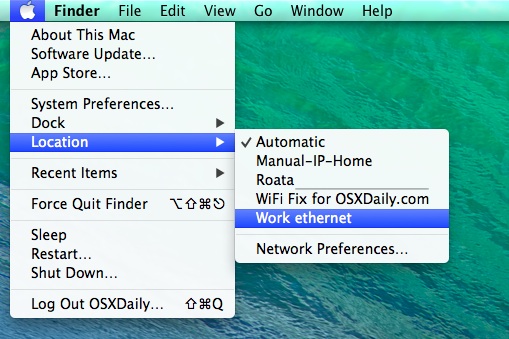 change-network-location-quickly Change network locations quickly in Mac OS X