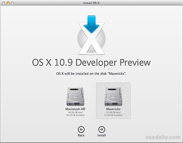 install-os-x-mavericks-partition Install OS X Mavericks onto the new partition for dual booting