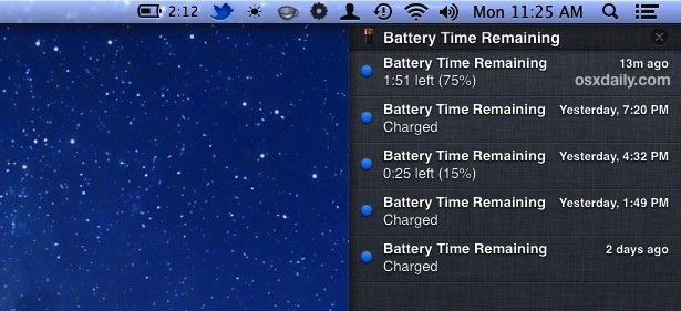 Battery Time Remaining shown as alerts to Notification Center in Mac OS X